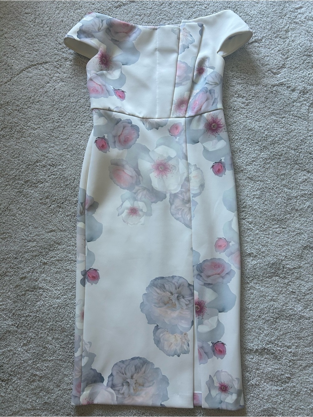 Ted Baker Off Shoulder White Dress with Watercolor Floral Print, Size 8